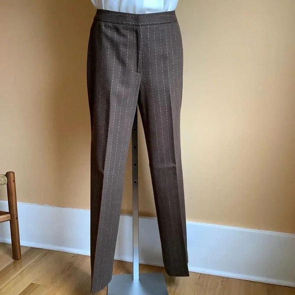 VINTAGE Brown Pinstripe Wool Tailored Pants Size 8 - Picture 2 of 11